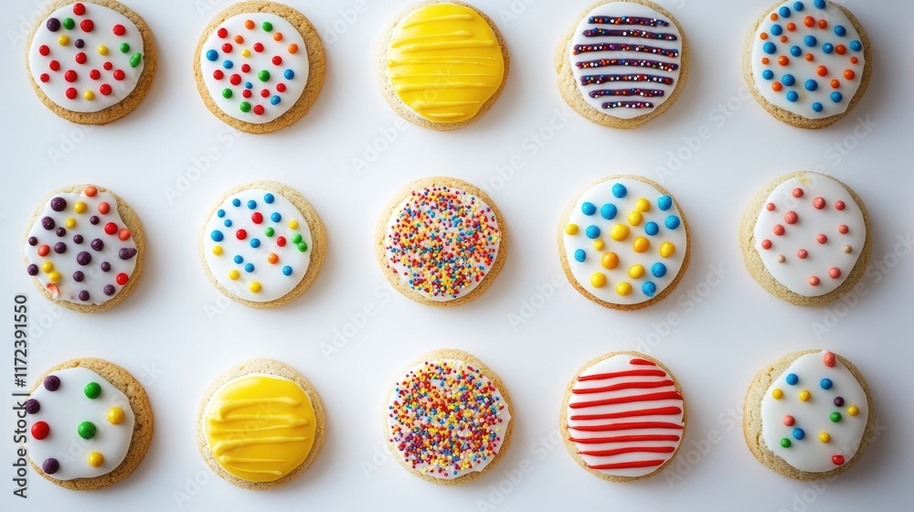 Poster Colorful decorated cookies arranged in a neat overhead layout showcasing various patterns and vibrant icing designs.
