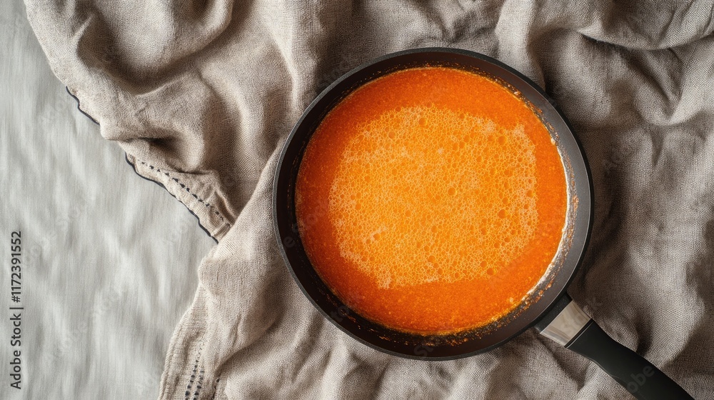 Poster overhead view of vibrant orange sauce in skillet on textured fabric background
