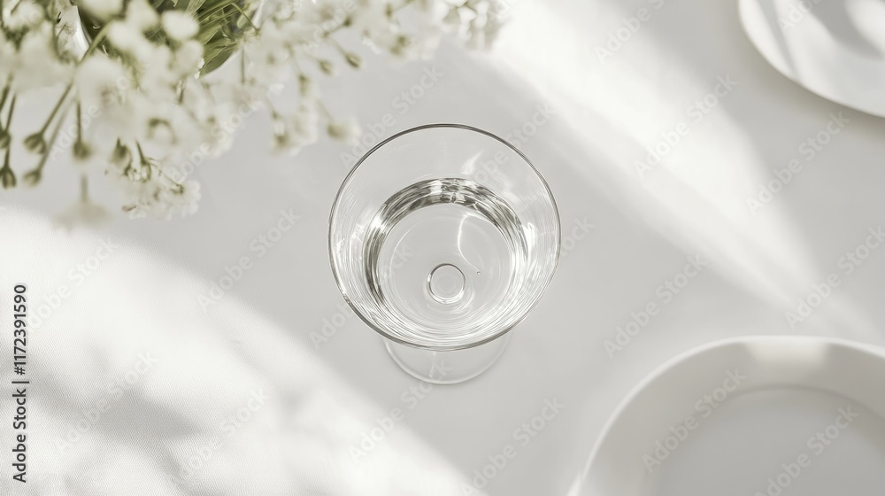 Poster overhead perspective of a transparent glass on a minimalistic white table with flowers and a plate i