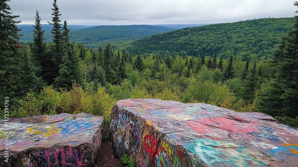 Poster scenic overlook of forested mountains with colorful graffiti on rocks in nature background