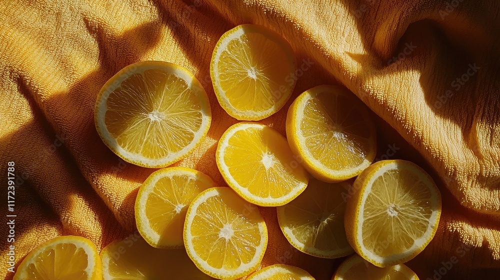 Poster Overhead view of fresh lemon slices arranged on a vibrant yellow towel background for a refreshing and bright culinary theme
