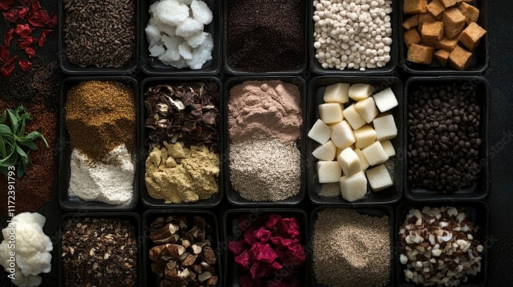 Poster overhead view of assorted spices and cooking ingredients arranged in containers on a dark surface sh