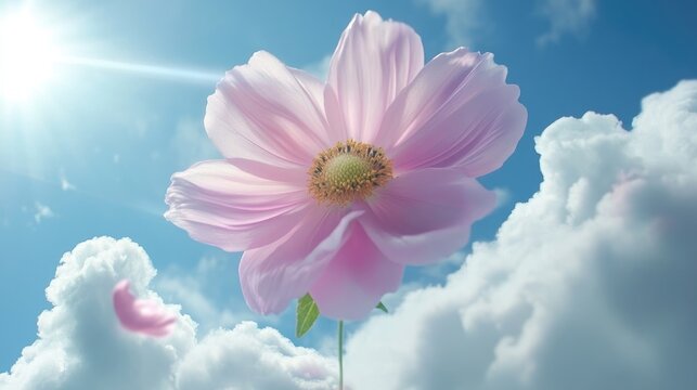 Pink cosmos flower blooming against a bright blue sky adorned with fluffy white clouds and radiant sunlight. - Powered by Adobe