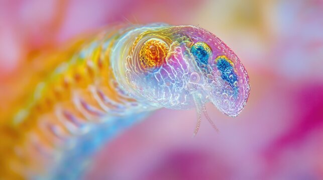 Nemertine worm high magnification translucent slide showcasing intricate anatomy and colorful details against a vibrant blurred background