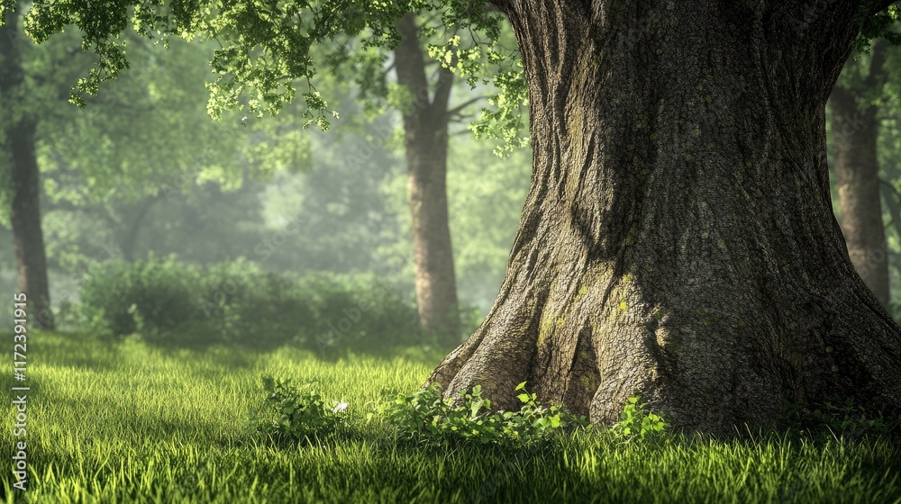 Poster Majestic overgrown tree trunk surrounded by lush greenery in a serene park setting with soft sunlight filtering through the leaves
