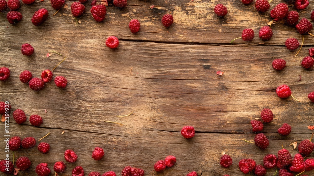 Aufkleber overhead view of fresh organic raspberries scattered on rustic wooden surface ideal for culinary or 