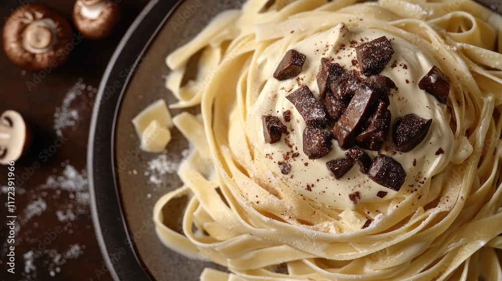 Poster overhead view of fettuccine pasta with creamy sauce mushrooms and chocolate garnish on dark plate wi