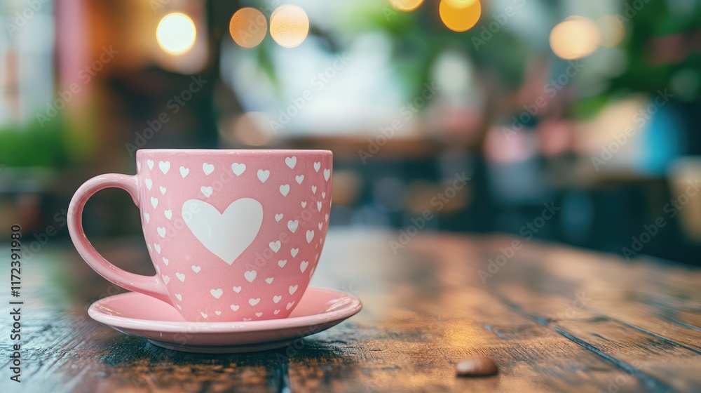 Poster pink cup adorned with heart motifs on a rustic wooden table in a cozy cafã© setting with blurred war