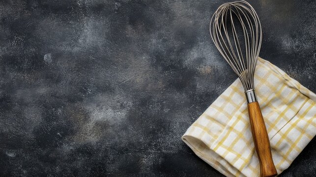Overhead view of a whisk resting on a checkered napkin on a rustic table background in a culinary setting.