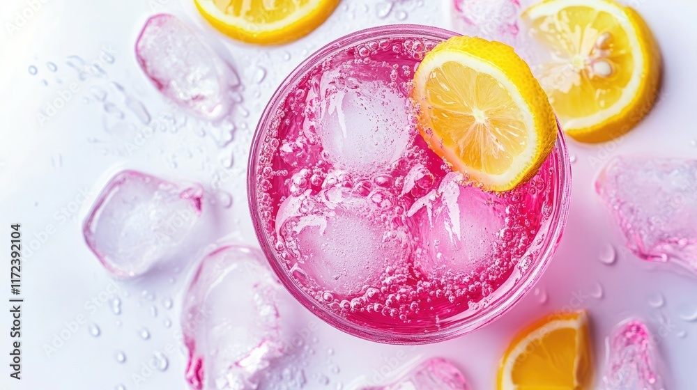 Poster refreshing pink cocktail with ice and lemon slices on a bright white background garnished for summer
