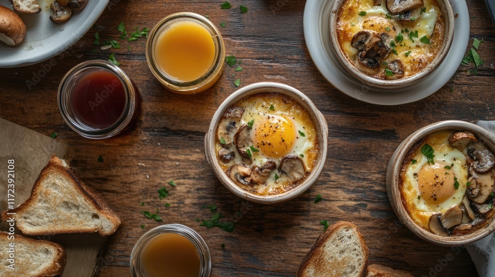Poster Baked eggs with mushrooms in ramekins served with toast and juices on a rustic wooden table top view breakfast scene