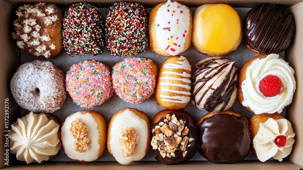Poster Assorted gourmet pastries arranged neatly in a box showcasing vibrant toppings and textures for an enticing visual appeal
