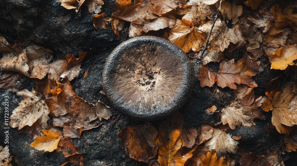 Poster aerial perspective of mushroom cap on forest floor surrounded by autumn leaves and natural textures 