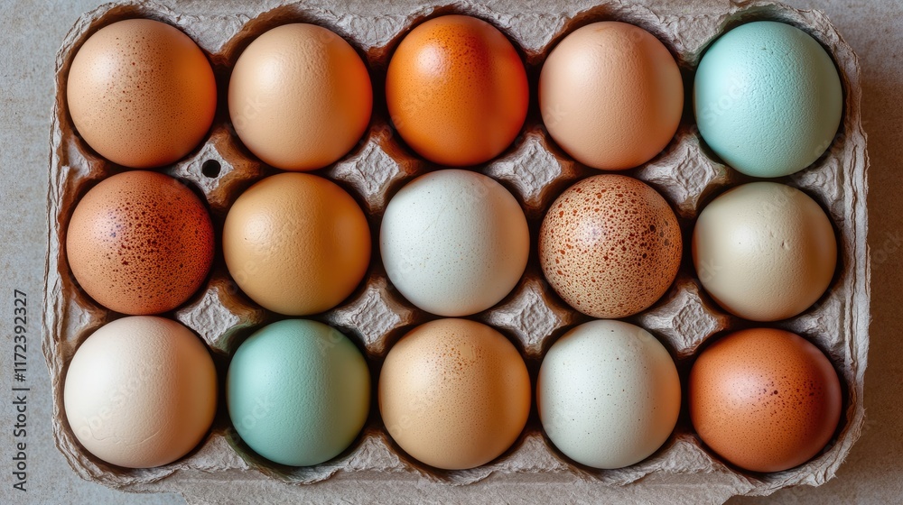 Poster Overhead view of a dozen multicolored decorative eggs arranged in a paper carton on a neutral background