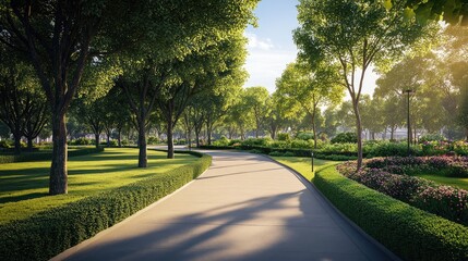 Obraz premium Well-manicured landscape with low trimmed trees lining a serene pathway in a park setting showcasing gardening and landscaping beauty