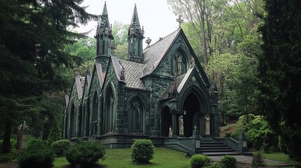 Naklejka premium Neo Gothic Church Surrounded by Lush Greenery with Towering Spires and Intricate Architectural Details in a Serene Landscape