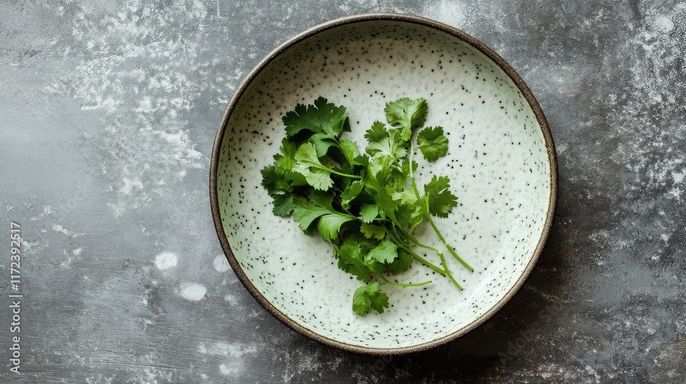 Poster overhead view of fresh cilantro leaves arranged attractively on a textured plate for culinary or foo