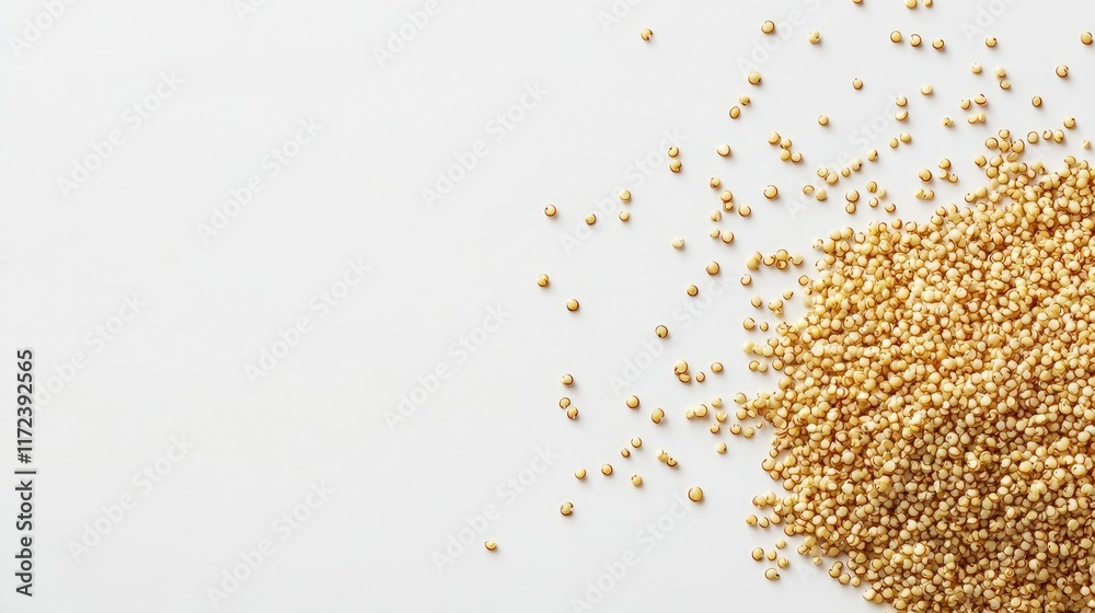 Poster fried quinoa scattered on a white background for culinary and health-related concepts in food photog