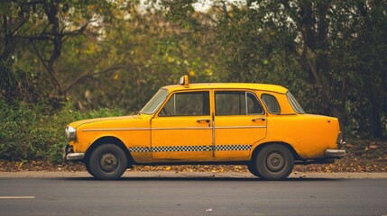 Obraz premium A classic yellow taxi parked on a roadside, surrounded by greenery, showcasing a timeless design and vibrant color.