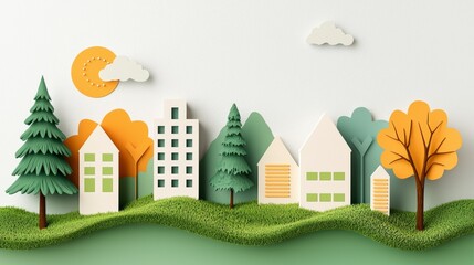 Colorful Paper Cutout Landscape with Trees, Houses, and Clouds in a Bright Daylight Scene