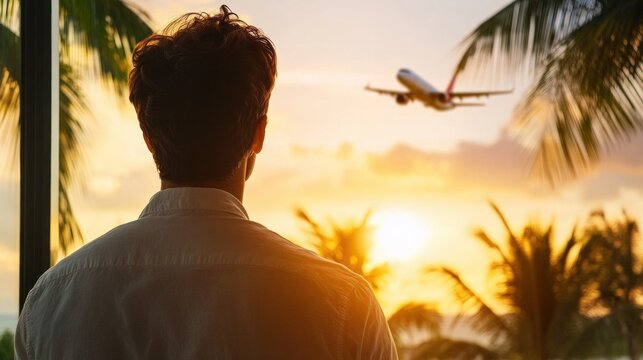 A silhouette of a man watching an airplane take off against a vibrant sunset, surrounded by lush palm trees, evoking a sense of adventure and wanderlust.