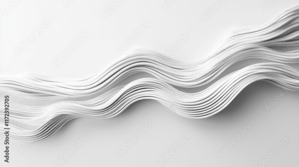 Poster abstract wave pattern of white paper sheets forming a dynamic and flowing design on a minimalistic b