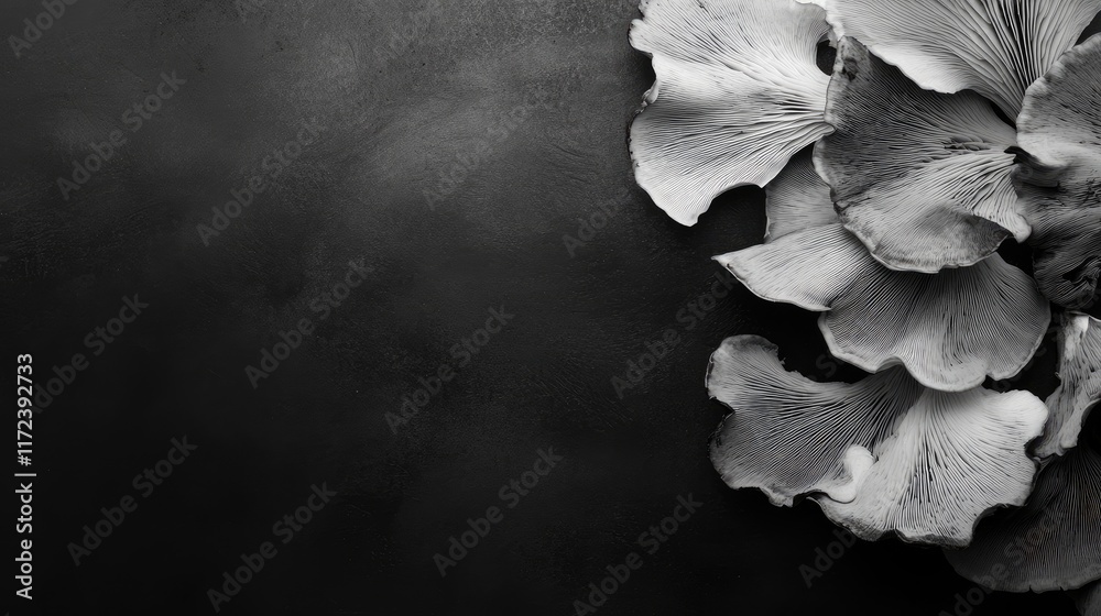 Poster oyster mushrooms in monochrome setting with natural lighting showcasing intricate textures against a