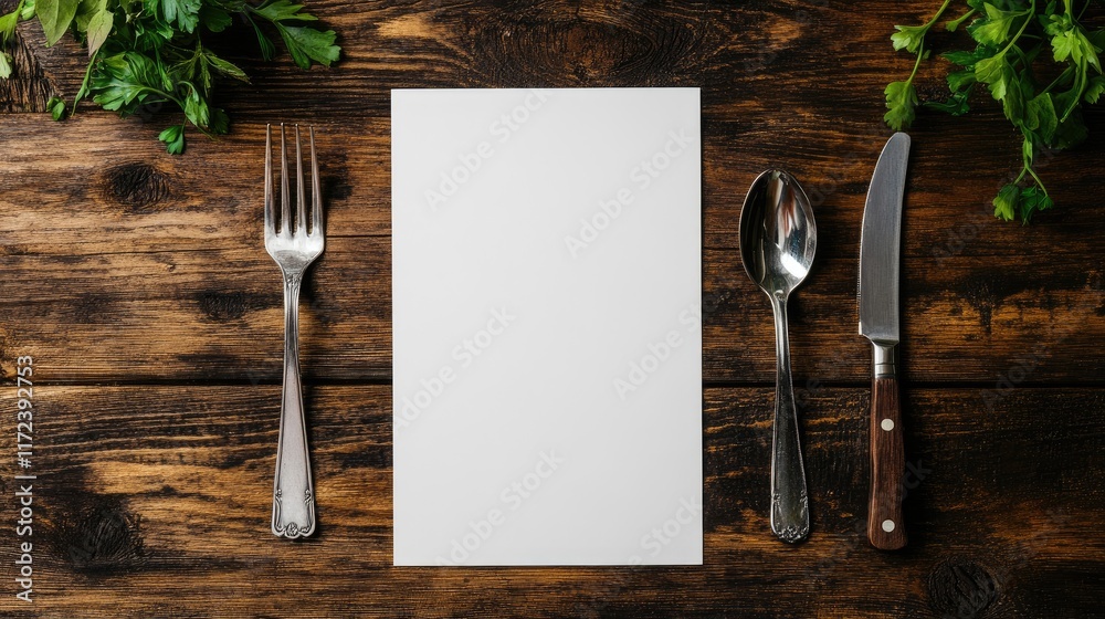 Poster Overhead view of a blank menu board surrounded by cutlery on a rustic wooden table setting for restaurant or culinary use