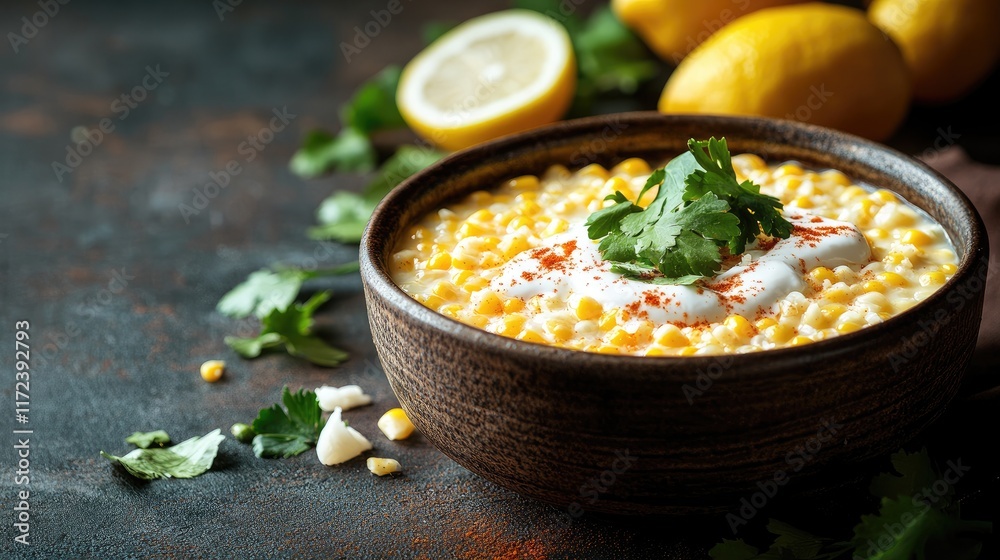 Poster Boiled corn with cream cheese and lemon garnished with cilantro served in a rustic bowl on a textured dark background