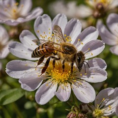 A honeybee collecting pollen from a blossom.