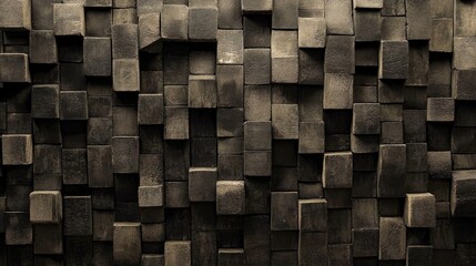 textured arrangement of dark wooden blocks creating a stylish and modern wall background for interior design concepts