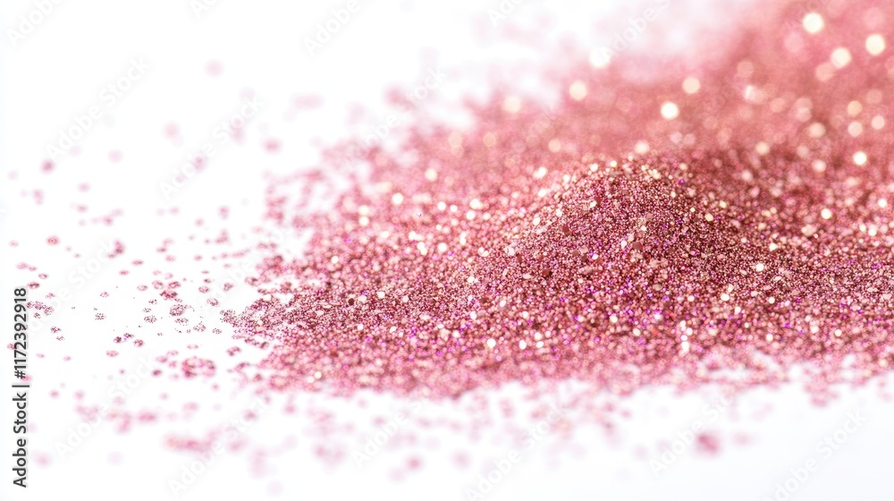 Poster pink glitter particles scattering on a white surface creating a shimmering texture for festive or de