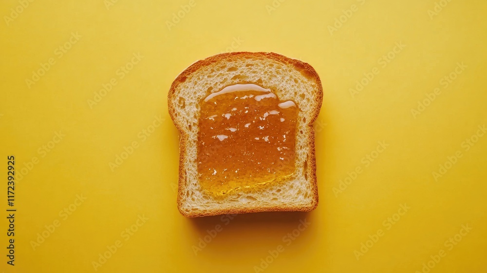 Poster overhead view of a slice of bread topped with golden honey against a vibrant yellow background for a