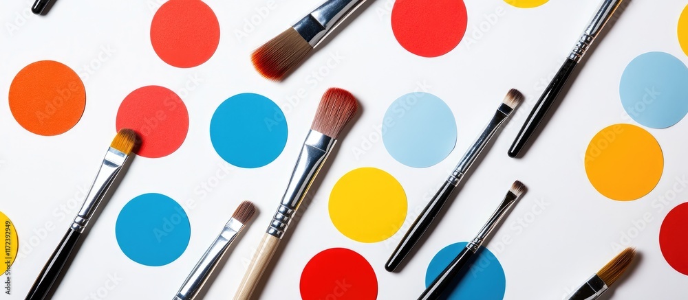 Aufkleber paint brushes on vibrant paper circles creating a creative backdrop perfect for diy projects and art