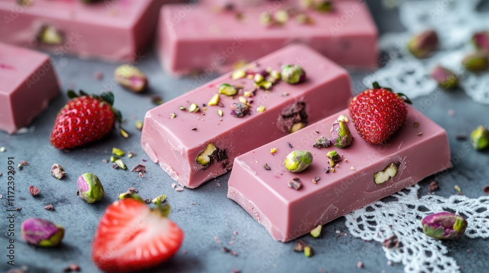 Poster pink chocolate bars with pistachios and strawberries elegantly arranged on a gray background with la