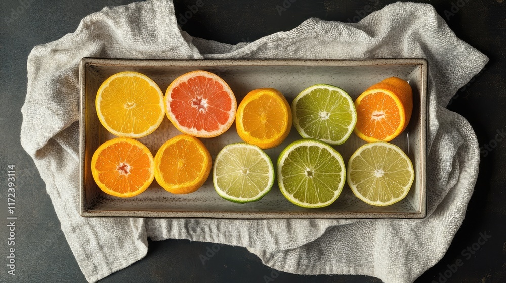Aufkleber assorted sliced citrus fruits arranged on a tray over a soft towel showcasing vibrant colors and tex