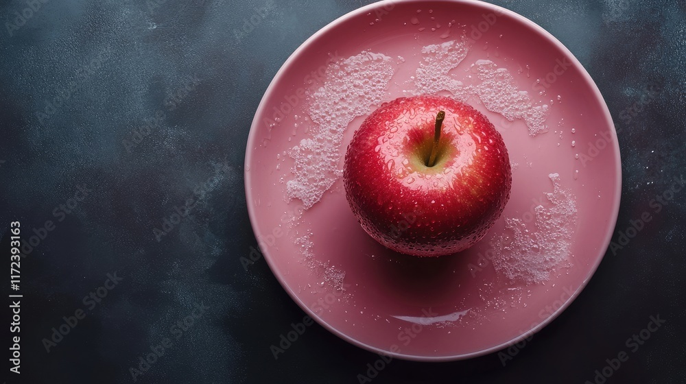 Poster overhead view of a fresh red apple on a pink plate with water droplets and sugar reflecting natural 