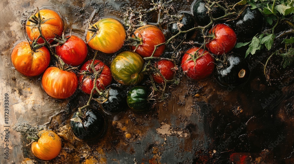 Poster colorful assortment of ripe heirloom tomatoes arranged on a textured rustic background showcasing th