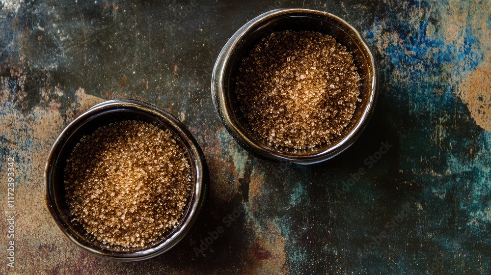 Poster overhead view of two ceramic bowls filled with brown sugar on a textured rustic surface