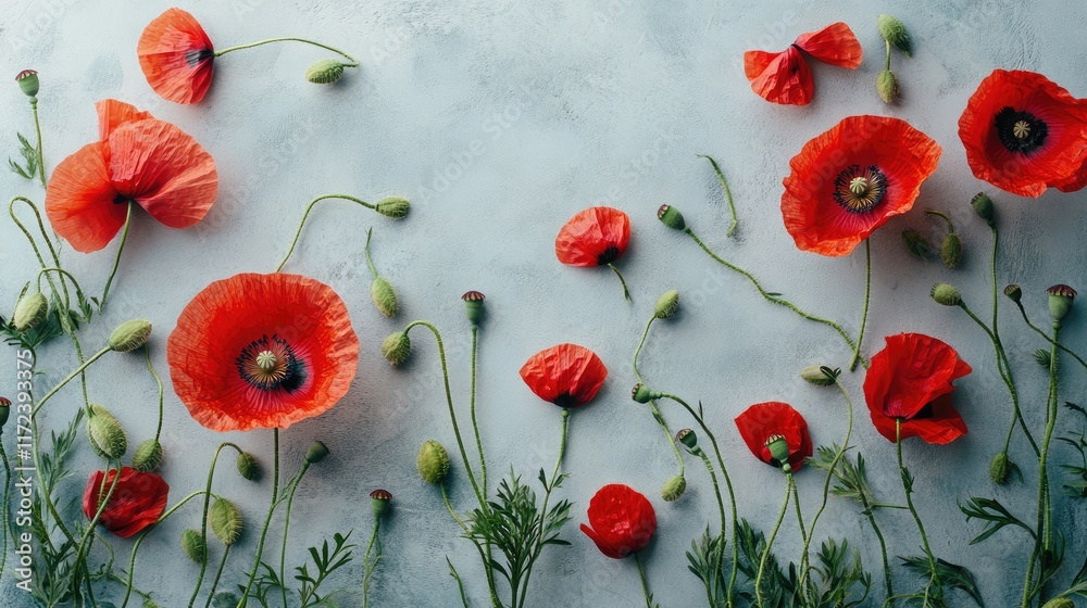 Poster overhead view of vibrant red poppy flowers and buds arranged artistically on a textured background i