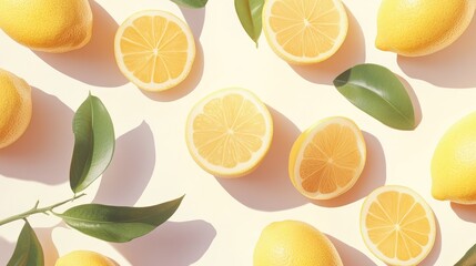 Fresh Lemons Halved and Whole With Green Leaves on Light Background Displaying Organic Fruits and Natural Ingredients