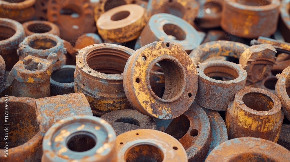 Poster closeup view of oxidized rusty metal parts showcasing texture color and wear in an industrial settin