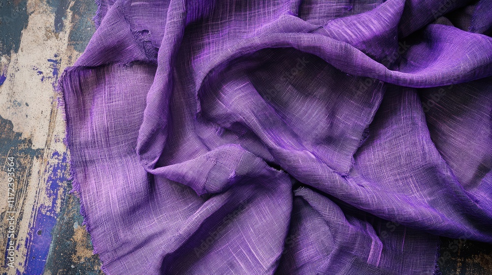 Poster overhead view of textured purple fabric draped elegantly on a rustic wooden table with natural light