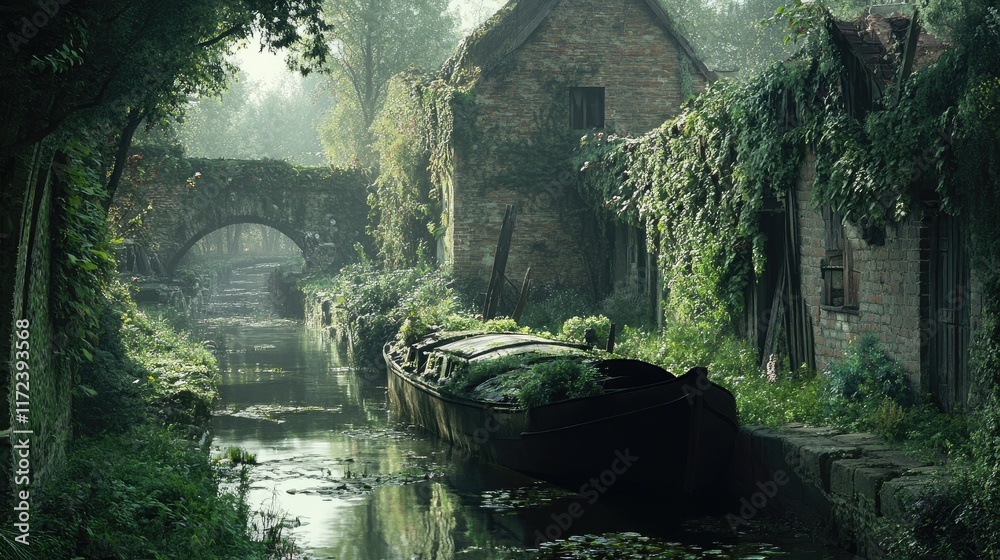 Poster serene overgrown canal surrounded by lush vegetation and rustic buildings in a tranquil rural settin