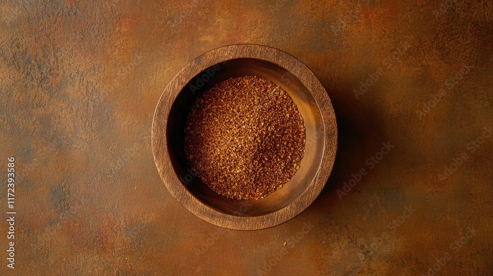 Poster overhead view of aromatic spice in a rustic wooden bowl atop a textured brown surface for culinary a