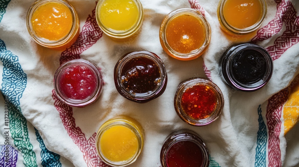 Aufkleber Overhead view of assorted fruit preserves displayed in jars on a colorful tea towel for a rustic kitchen aesthetic