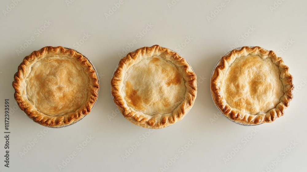 Poster overhead view of three freshly baked pies arranged on a white surface showcasing their golden brown 