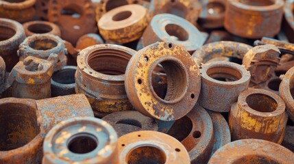 Closeup view of oxidized rusty metal parts showcasing texture color and wear in an industrial setting or scrap yard
