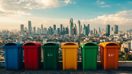 Colorful trash bins overlooking city skyline with skyscrapers in the background