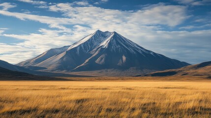 Fototapeta premium Majestic snow-capped mountain under a vibrant sky surrounded by golden grassy plains in a serene natural landscape.